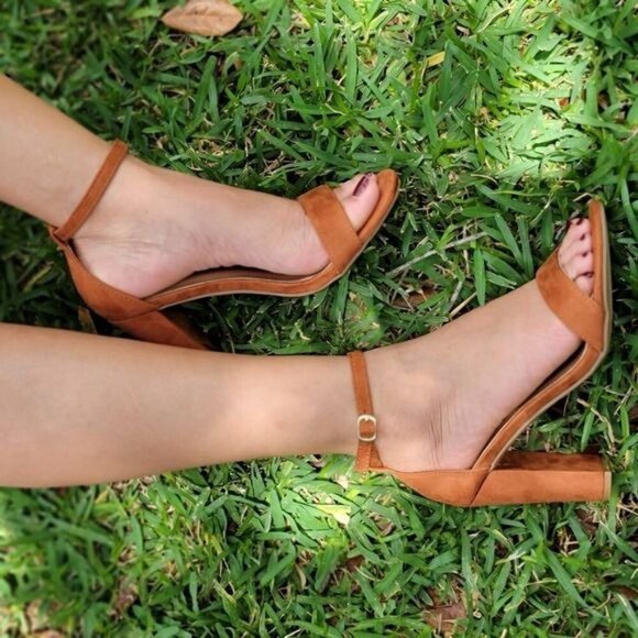 Tan Suede Ankle Strap Block Heel Dress Sandals - Picture 9 of 11